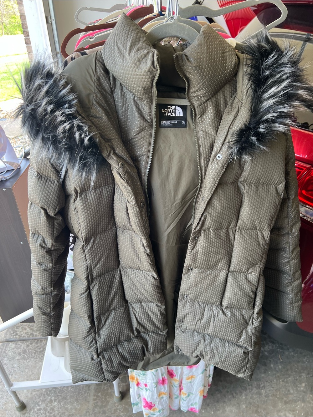 The North Face Olive Quilted Faux-Fur Trim Hooded Puffer Jacket